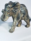 Vtg Rustic Hand Carved Resin Elephant Figure Statue 8in X 7in Trunk Up