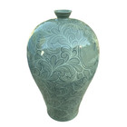 Large 20th C  Korean Celadon Meiping Vase Decorated With Cranes