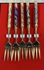 Korean Souvenir Cocktail Fork Set 5 Piece Gold Tone Enamel Floral Vintage