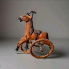 Antique  Wooden Toy Horse On Platform With Wheels Leather Saddle 12 In 