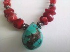 Vintage Handmade Native American Turquoise And Coral Sterling Silver Necklace
