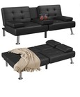 Modern Faux Leather Futon Sofa Bed Fold Up   Down Recliner Couch W  Cup Holder