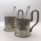 Vintage 2 Russian Silver  875 Coaster Set With Baccarat Glasses   Silver Spoons