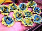 Ten Blue And Yellow Metal Art Roses  Flowers For Crafts  Embellishments  Accents