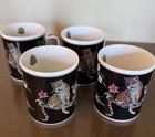 Lynn Chase Jaguar Jungle Mugs Set Of 4 Vtg 24k Gold Jaguar Parrot Flowers