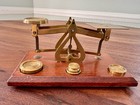Vintage Brass Balance Scale On Wood Base W  4 Weights Apothecary Postal  England