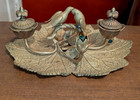 Antique Brass Or Bronze Art Nouveau Lotus Form Inkwell W  Lovebirds