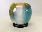 Y6791 Hibachi Oribe-ware Round Brazier Wooden Stand  Japan Antique Heating Decor