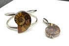 Ammonite Fossil Pendant And Cuff Bracelet Set In Sterling Silver
