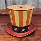 Vintage J  Chein Uncle Sam Coin Bank Tin Hat Red White   Blue  no Bottom key Usa
