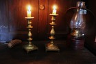 Antique 18th Century English Brass Candle Sticks   Footed   Excellent  Turnings