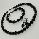 Vtg Faceted Black Glass Beaded Necklace Bracelet Earring Set Sterling Silver 925