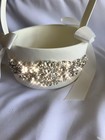 Wedding Bridal Flower Basket Ring Bearer Pillow Set Ivory Heavily Crystal Satin