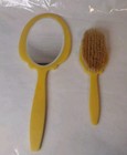 Vintage Floral Etched Bakelite  Gold Marble Vanity Set Brush   Hand Held Mirror 