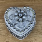 Vintage Porcelain Heart Shaped Hinged Beaded Faux Pearls Trinket Jewelry Box