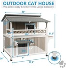 Two Story Cat House Outdoor Wooden Feral Cat Shelter With Balcony   Escape Door