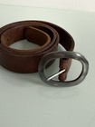 Vintage Brown Genuine Leather Belt Made In Usa Oval Silver Tone Buckle