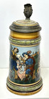 Antique Mettlach Beer Stein   2501 Inlaid Pewter Lid Scene In Front Of Tavern