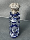 Victorian Cobalt Blue Overlay Cut Glass Scent Bottle Embossed Silver Hinged Top