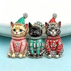 Colorful Christmas Cat Brooch Rhinestone Winter Kitty Pin Gold Holiday Jewelry G