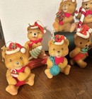 Vtg Flocked Teddy Bear Christmas Ornaments Lot Of 9 Santa Hats Retro Kitsch