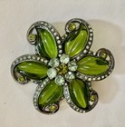 Art Deco Swirl Flower Brooch Pin Vintage Antique Green   Rhinestone Silver Tone