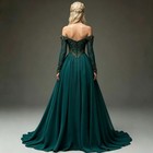 Teal Off-shoulder Long Sleeve Lace Chiffon Ball Gown Evening Dresses With Train