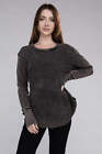 Zenana Long Sleeve Top Washed Waffle Knit Round Neck Solid Color 100  Cotton