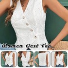 Women s White Eyelet Embroidered Vest Top V-neck Sleeveless Button Down Blouse