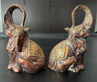 Vintage Pair Of Bronze   Gold Painted Metal Seated Elephants Bookends W blanket