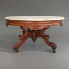 Antique Oval Marble Top Coffee Table Carved Wood Pedestal Base   Casters