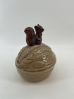 Ceramic Squirrel On Creme Acorn Walnut Candy Dish Nut Bowl Serving Jar Vintage