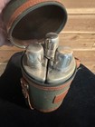Vtg Harrod s 3-bottle Flask Set Green Canvas tan Pigskin Leather Shot Cup Tops