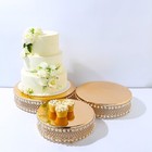3 Gold Pearl Beaded Metal Cake Stands Mirror Top Party Event Decoration Supplies
