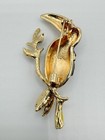 T14-1531 Brooch Gold Tone Pin 2 3  Animal Enamel Rhinestone Black Parrot Bird