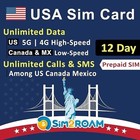 Prepaid Sim Card 12 Days Unlimited Data 5g 4g Lte Us Canada Mexico Tri-cut