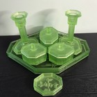 Art Deco Seven Piece Uranium Green Glass Dressing Table Vanity Set   Tray