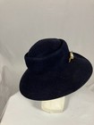 Vintage 1950s Navy Blue Wool Felt Wide Brim Portrait Hat Brooch Millinery 12   