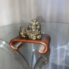 Antique Shih Tzu Dogfigurine Yellow Bronze Box With Curved Wooden Base Very Rare