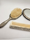 Vintage Silverplate 3 Pc Vanity Dresser Set Hand Mirror Brush Comb Ornate Floral