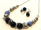 Modern Costume Jewelry Blue Glass Bead  Silvertone Rings Necklace   Earring Set 