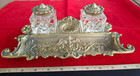 Antique Art Nouveau Brass Double Glass Inkwells Vm Virginia Metalcrafters  t208 