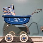 Vintage 1960s Toy Baby Carriage Stroller Buggy For Doll - Royal Blue W  Canopy