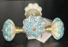 Vintage Nos Porcelain   Brass Door Knob Pair Blue White Floral