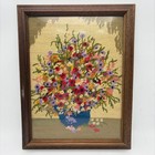 Vintage Handmade Needlepoint Floral Bouquet Wall Hanging Framed 15x19 Emroidery