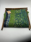 Vintage 70s Folding Sewing Knitting Basket Stand Wood   Barkcloth Fabric Caddy