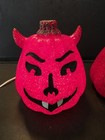 Pair Of Vintage Melted Popcorn Plastic Devil Jack-o -lantern Lighted Decor Rare 