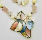 Vintage Rose Quartz Shell Necklace Lee Sands Mother Of Pearl Inlay Gorgeous