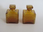 Set Of 2 Vintage Mcm Amber Square Diamond Point Decanters With Glass Stoppers