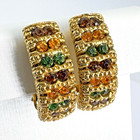 Vintage Florenza Signed Gold Tone Clip On Earrings Rhinestones Green Orange Purp
